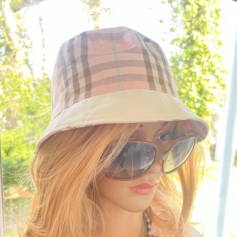 Burberry Pink Plaid and Beige Brim Bucket Hat